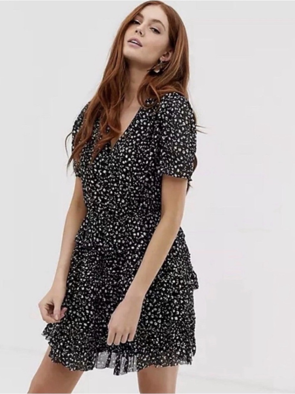 All Saints Illia Pippa Black Floral Tiered V-Neck Women's Dress size small US 4